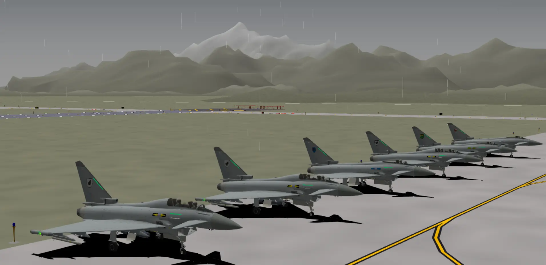 Eurofighter Typhoon parked with background of mountains and its raining