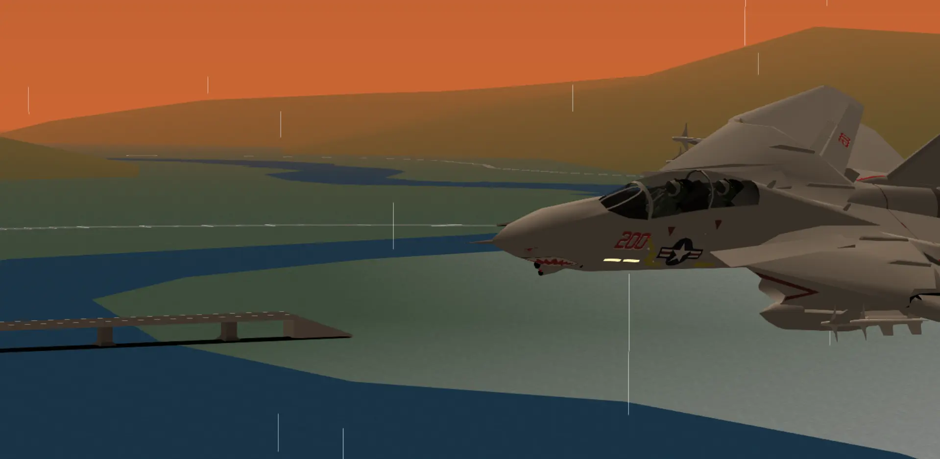 F-14 flying in sunset while its raining